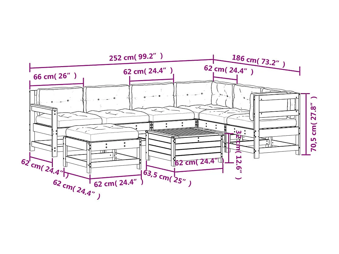 8 pcs conj. lounge jardim c/ almofadões madeira douglas maciça
