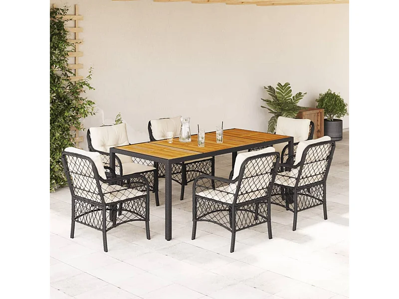 Set da Pranzo da Giardino 7 pz Nero con Cuscini in Polyrattan