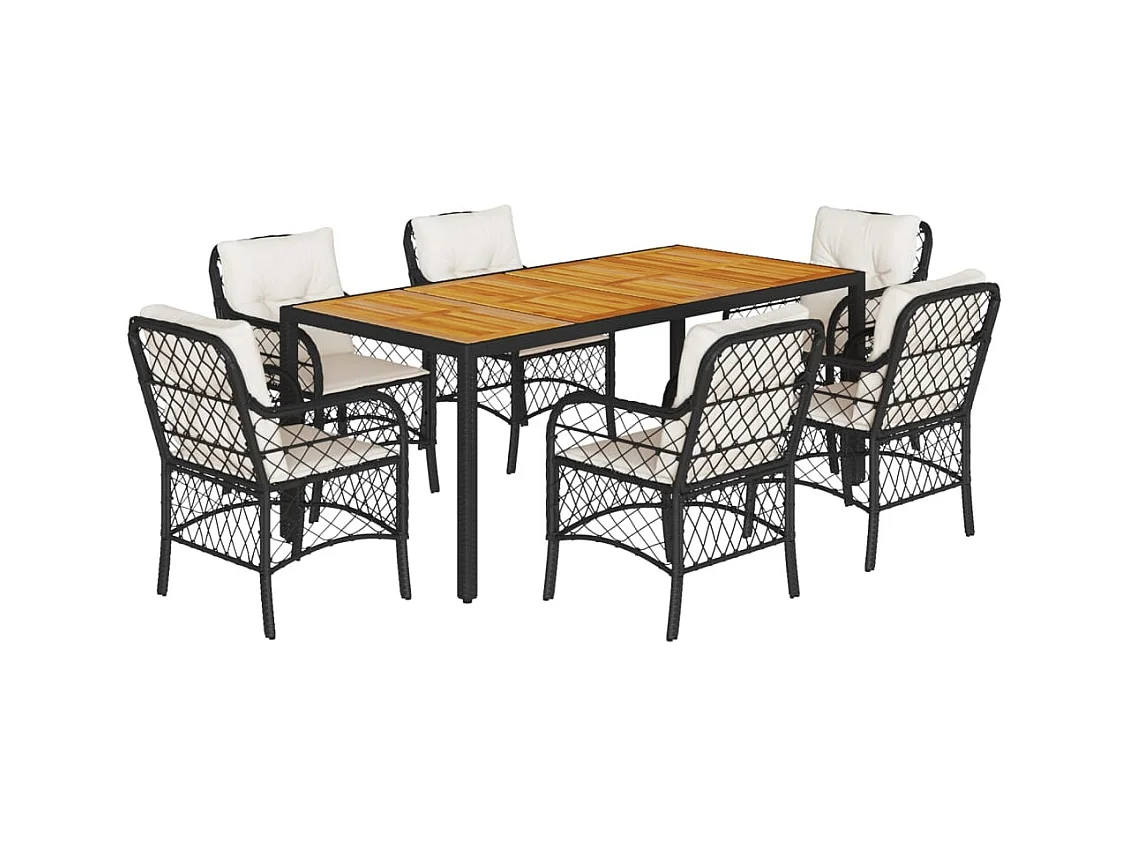 Ensemble à manger de jardin coussins 7pcs Noir Résine tressée