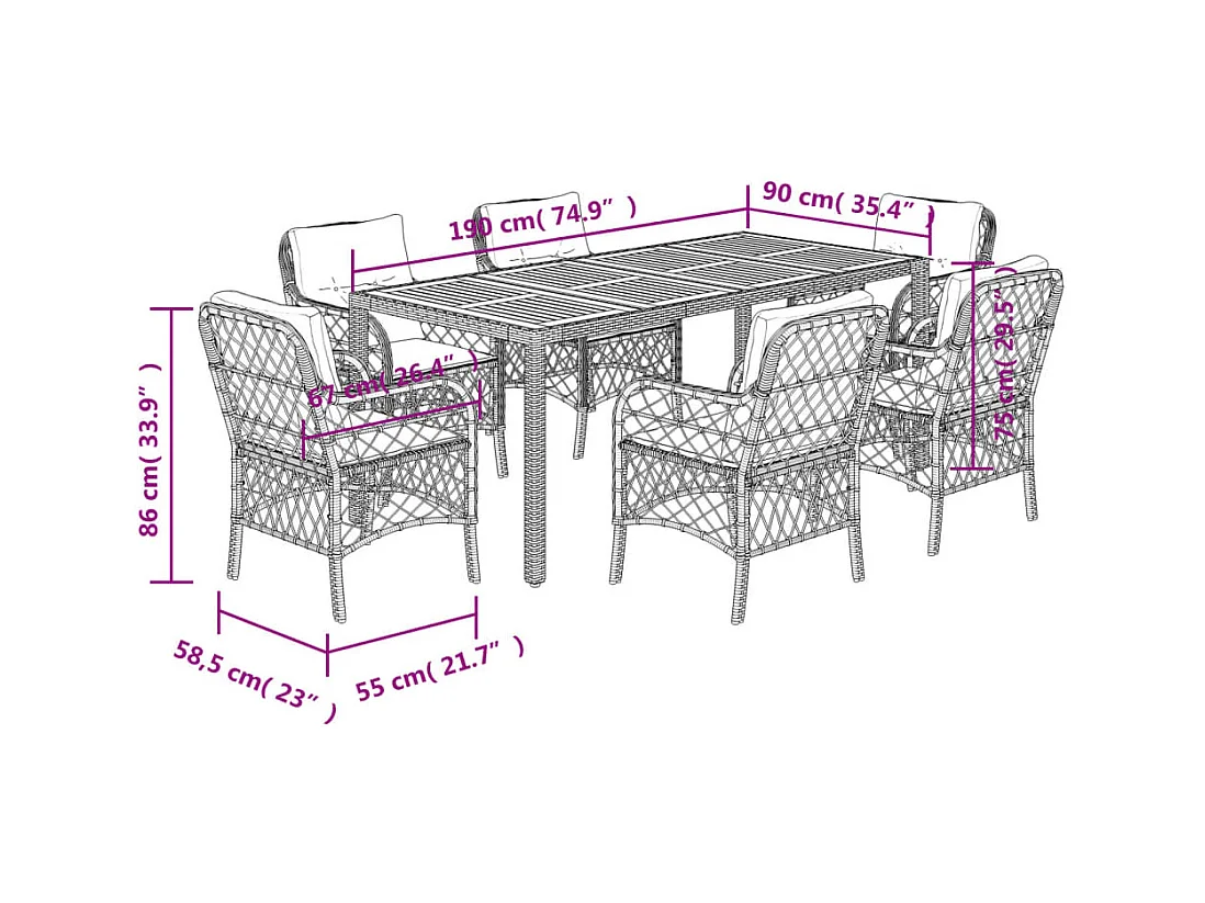 Ensemble à manger de jardin coussins 7pcs Noir Résine tressée