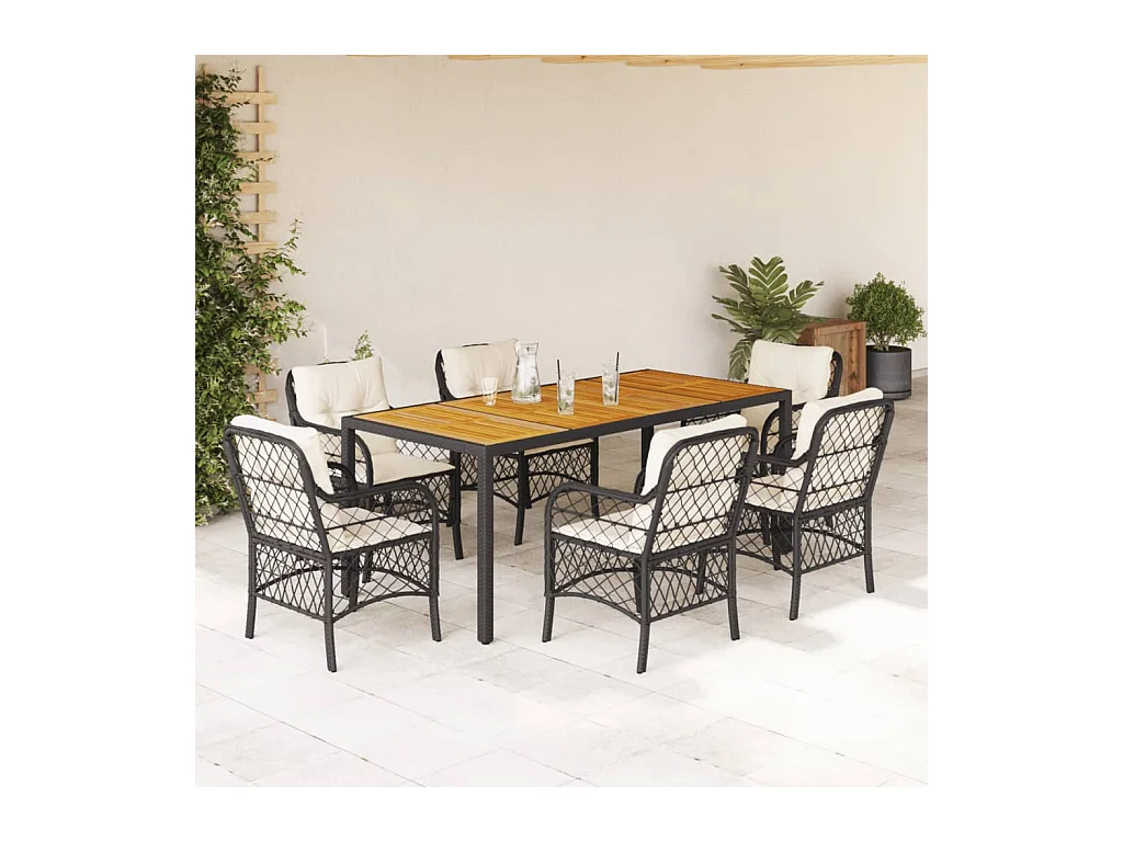 7 pcs conjunto de jantar p/ jardim c/ almofadões vime PE preto
