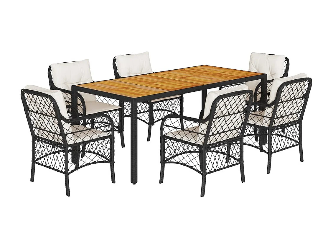 7-tlg. Garten-Essgruppe mit Kissen Schwarz Poly Rattan