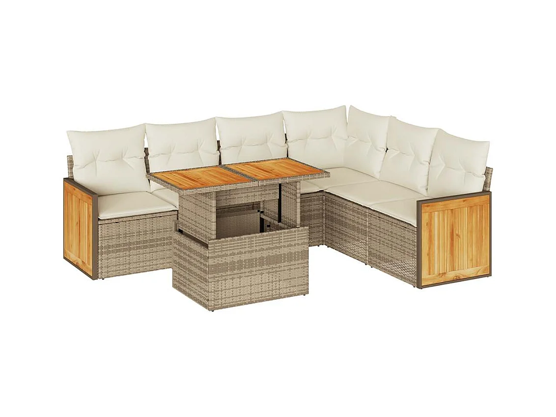 7-tlg. Garten-Sofagarnitur mit Kissen Beige Poly Rattan Akazie