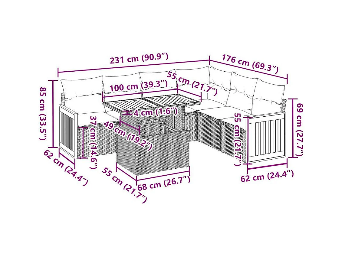 7-tlg. Garten-Sofagarnitur mit Kissen Beige Poly Rattan Akazie
