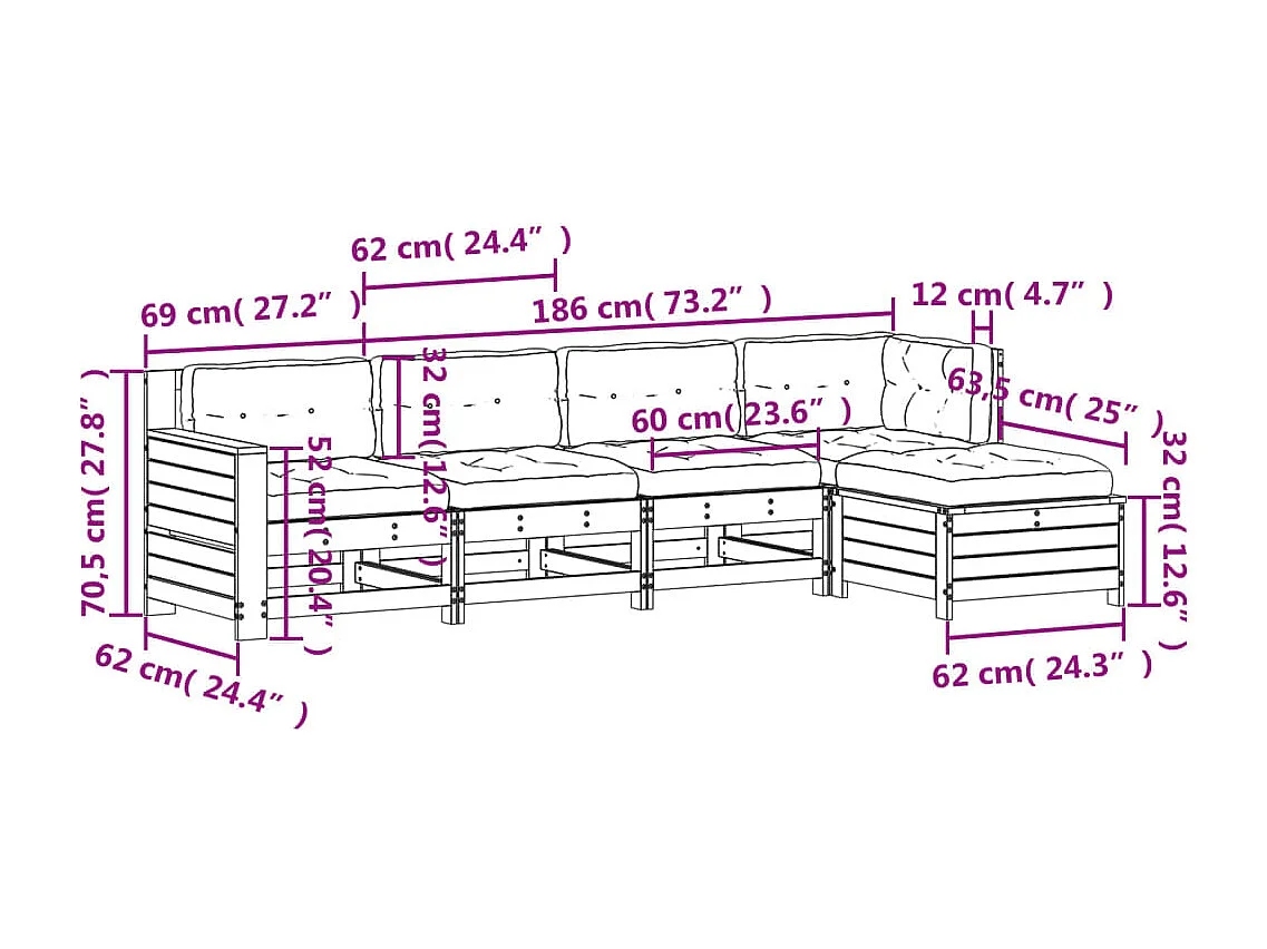 Salon de jardin 5 pcs avec coussins bois massif douglas