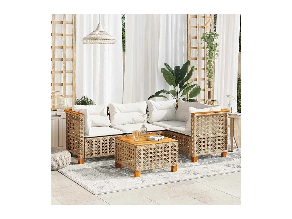 5-delige Loungeset met kussens poly rattan beige