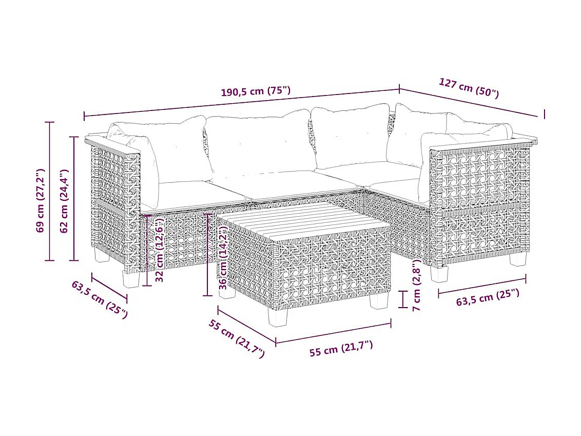 5-delige Loungeset met kussens poly rattan beige