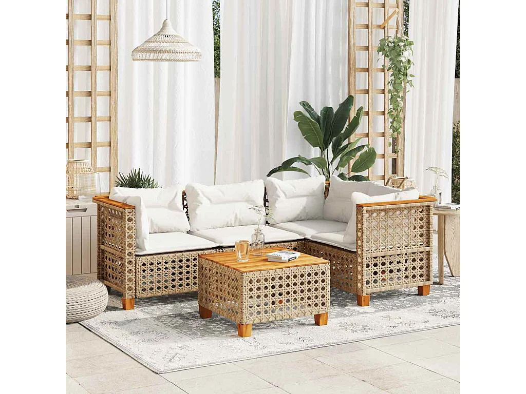 5-delige Loungeset met kussens poly rattan beige