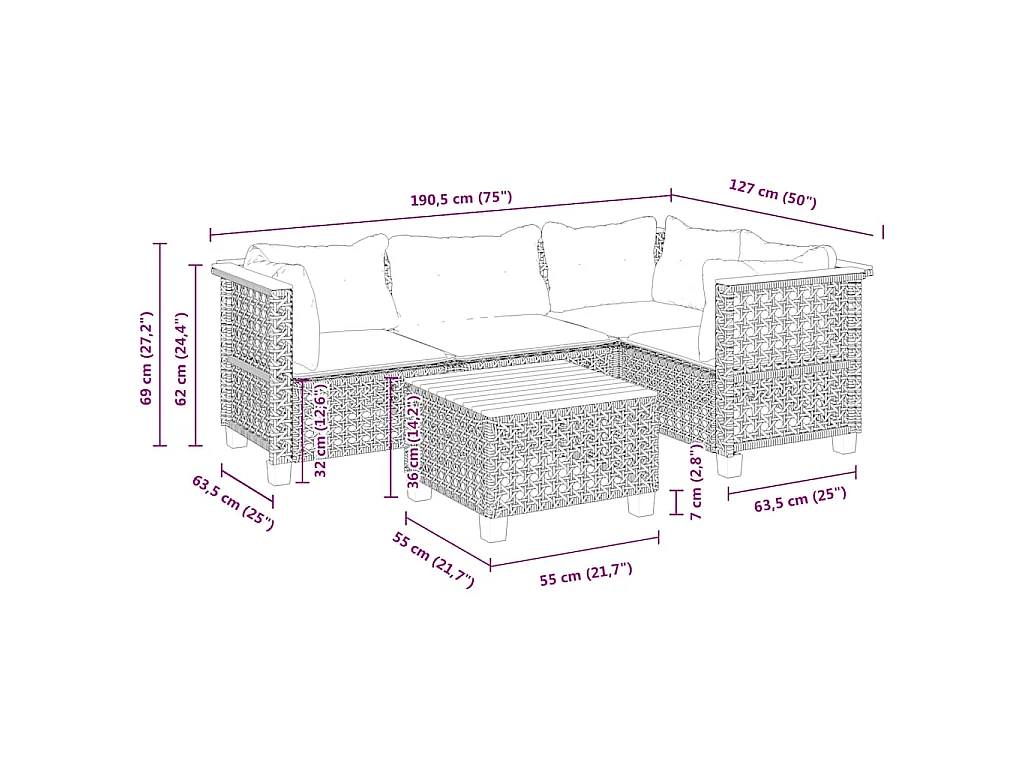 5-delige Loungeset met kussens poly rattan beige
