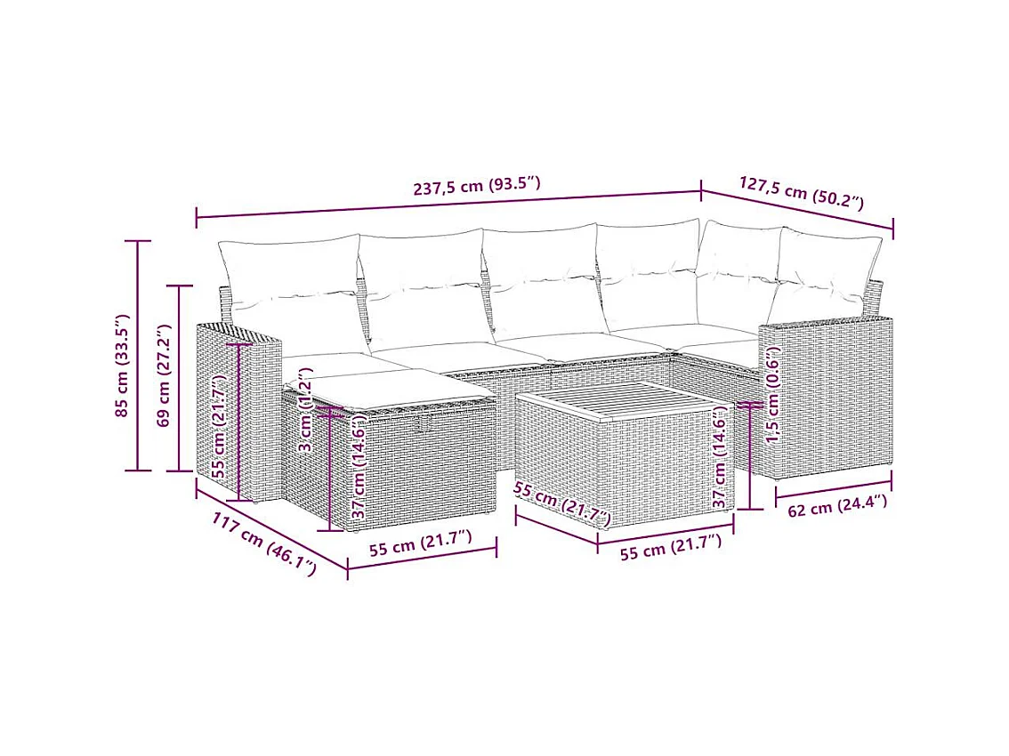 Salon de jardin avec coussins 7 pcs beige résine tressée