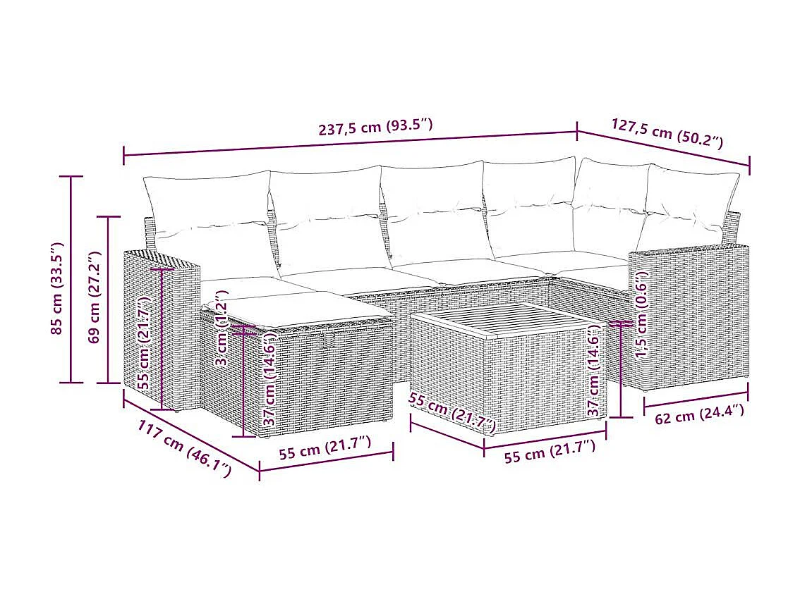 7 pcs conjunto de sofás p/ jardim com almofadões vime PE bege