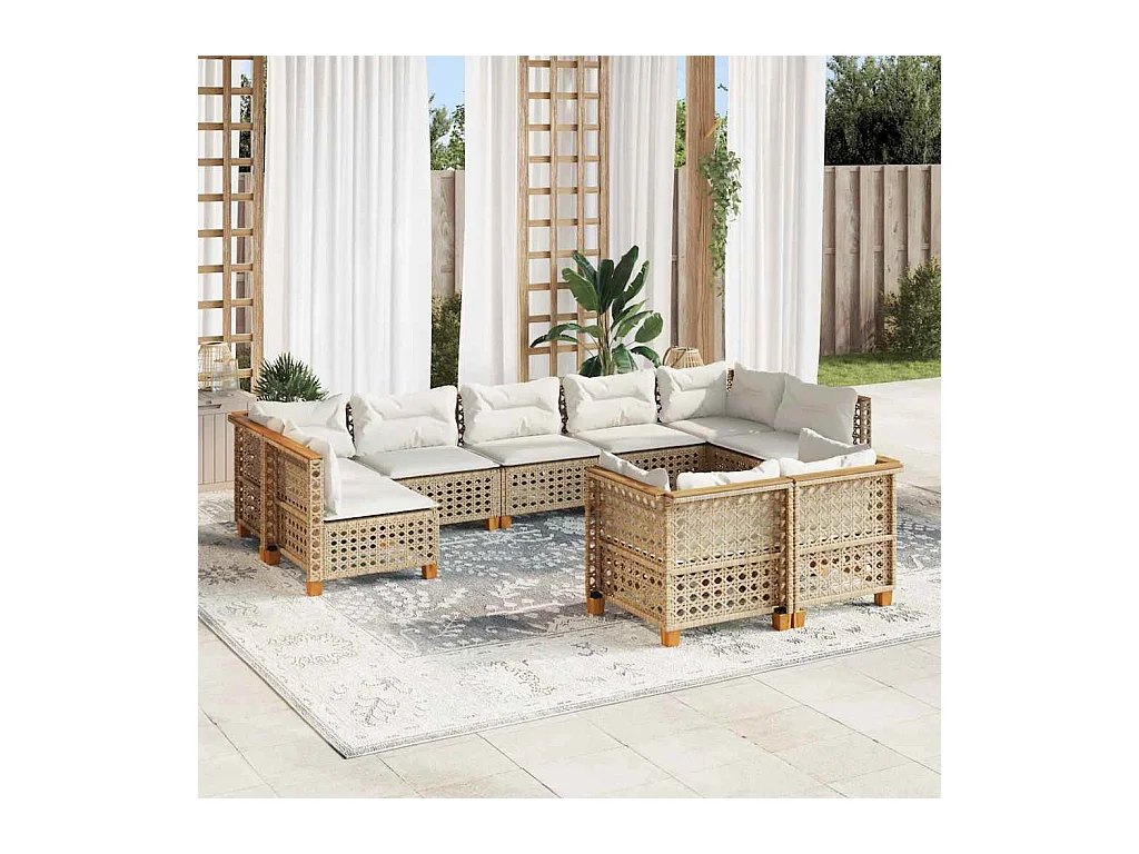 Salon de jardin avec coussins 9 pcs beige résine tressée