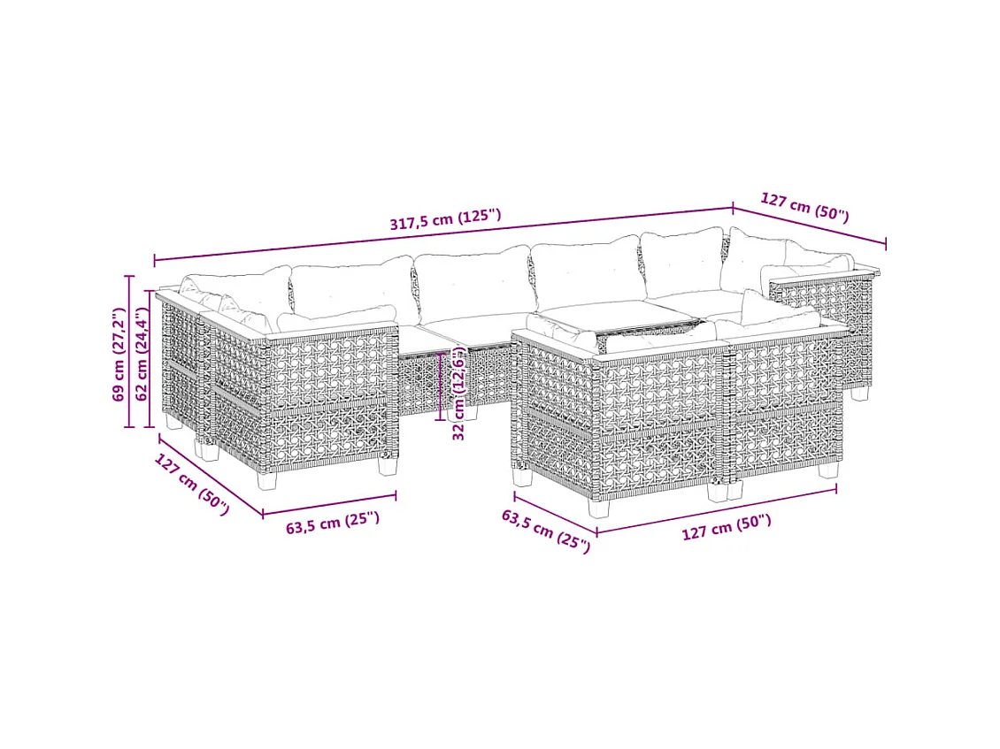 Salon de jardin avec coussins 9 pcs beige résine tressée