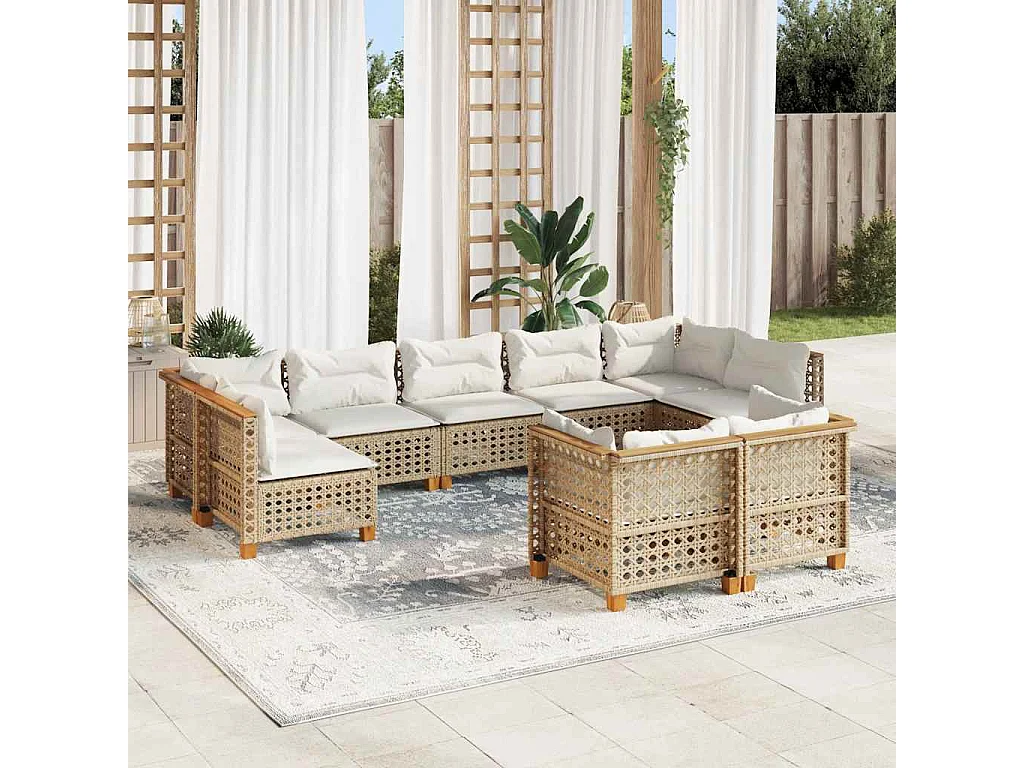 9-tlg. Garten-Sofagarnitur mit Kissen Beige Poly Rattan