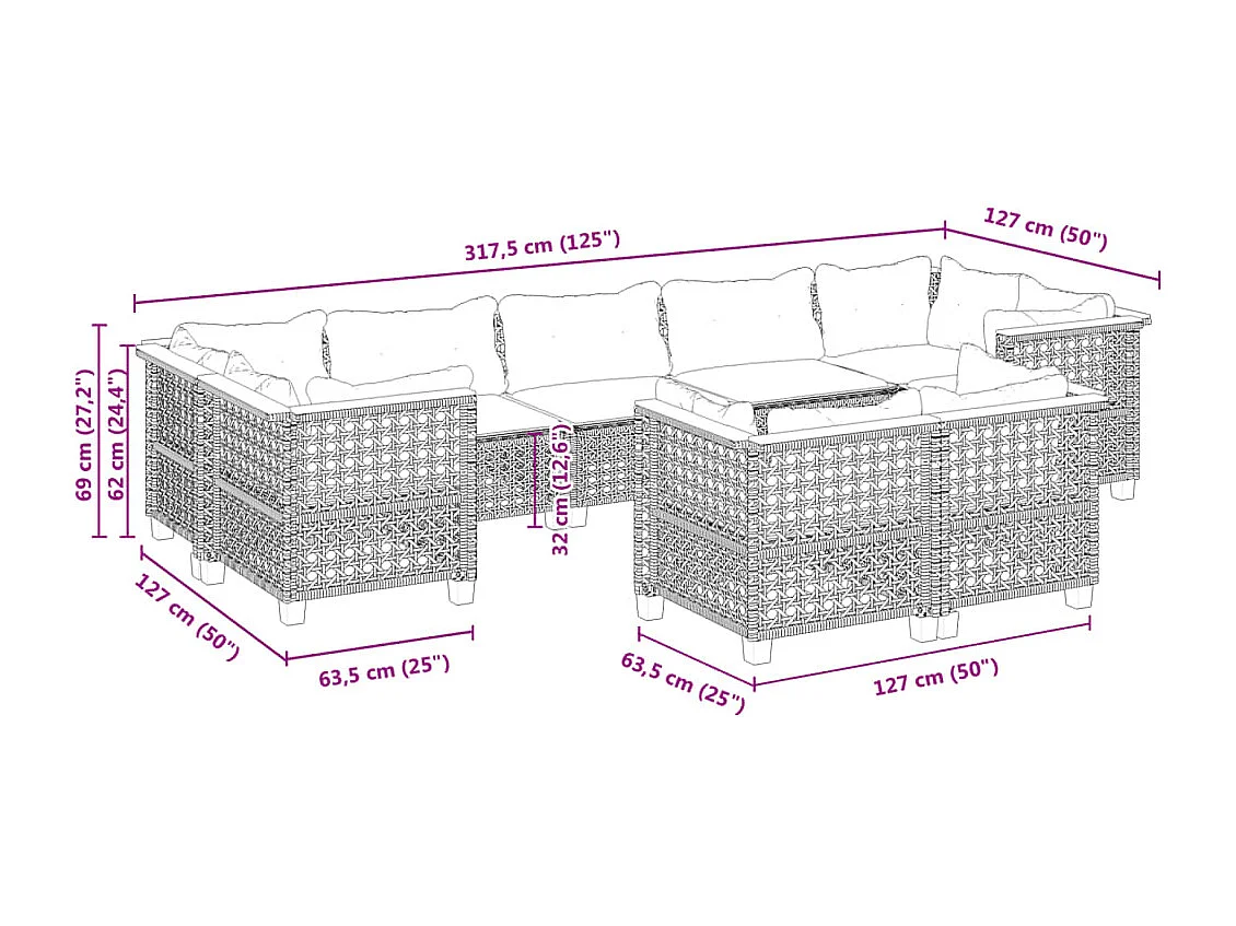 9-tlg. Garten-Sofagarnitur mit Kissen Beige Poly Rattan