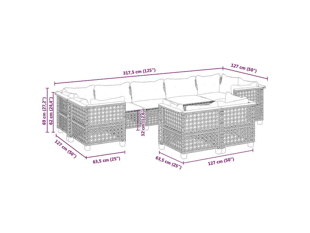 Salon de jardin avec coussins 9 pcs beige résine tressée
