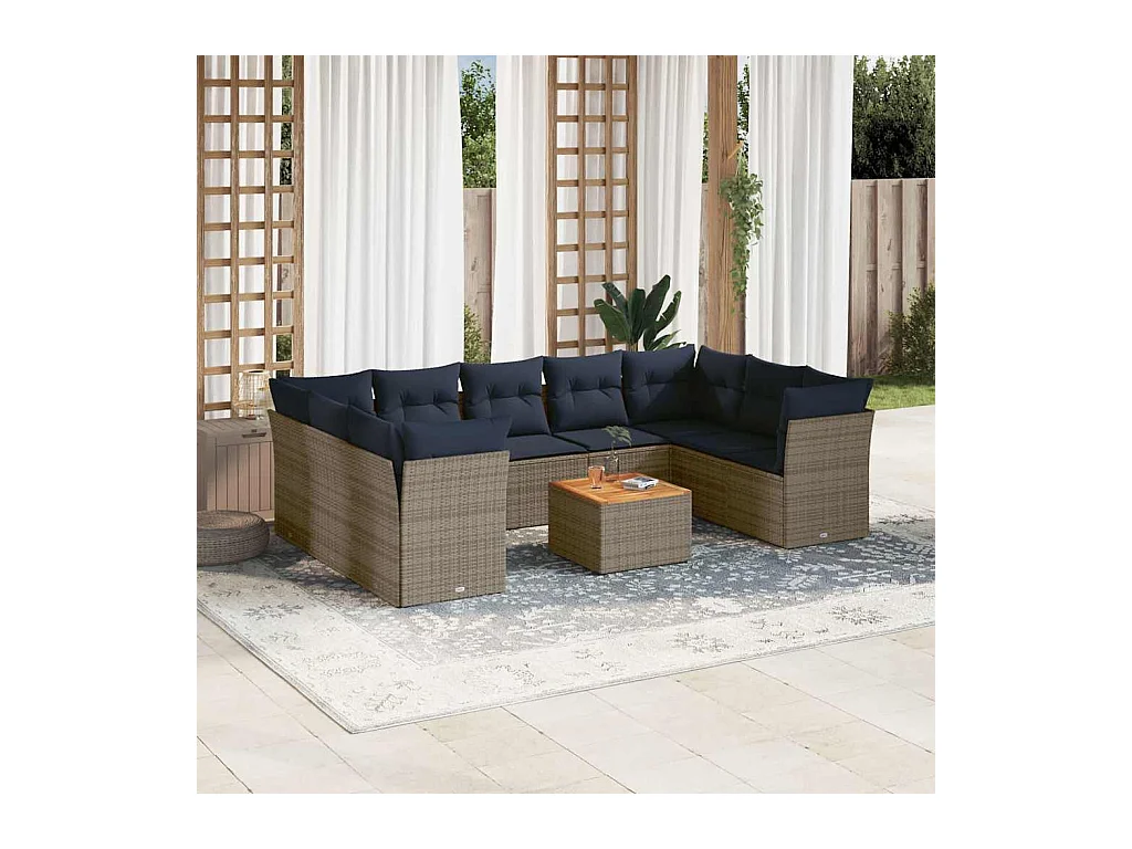 10-tlg. Garten-Sofagarnitur mit Kissen Grau Poly Rattan