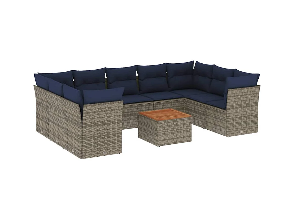 10-tlg. Garten-Sofagarnitur mit Kissen Grau Poly Rattan