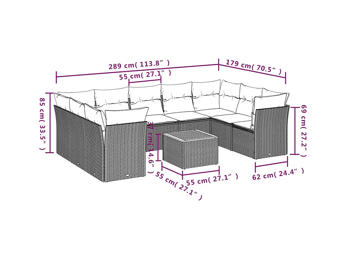 10-tlg. Garten-Sofagarnitur mit Kissen Grau Poly Rattan
