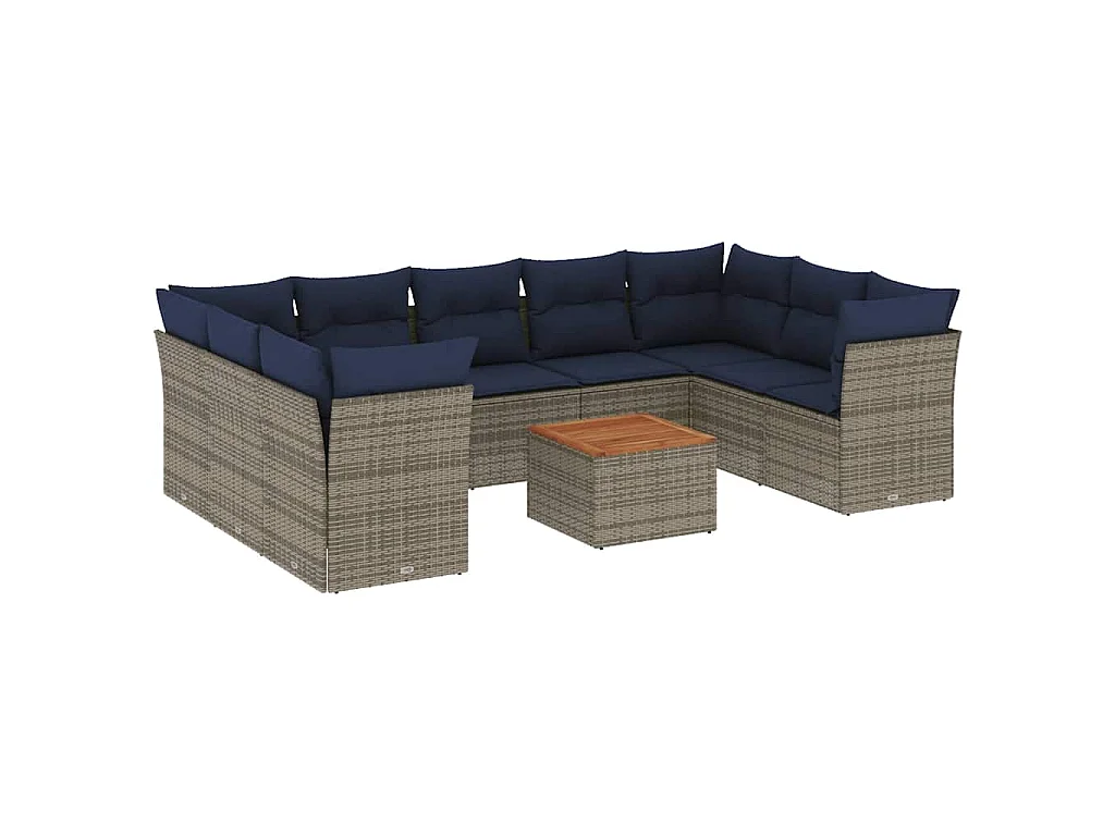 10-tlg. Garten-Sofagarnitur mit Kissen Grau Poly Rattan