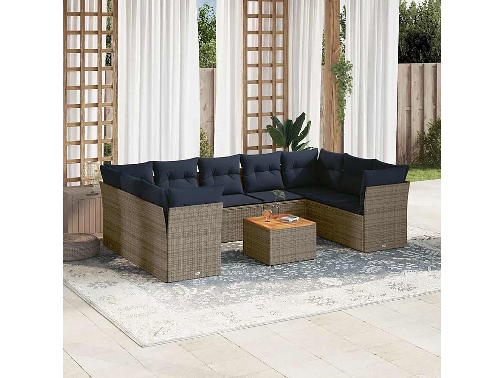 10-tlg. Garten-Sofagarnitur mit Kissen Grau Poly Rattan
