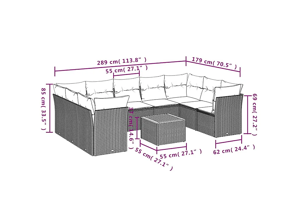 10-tlg. Garten-Sofagarnitur mit Kissen Grau Poly Rattan