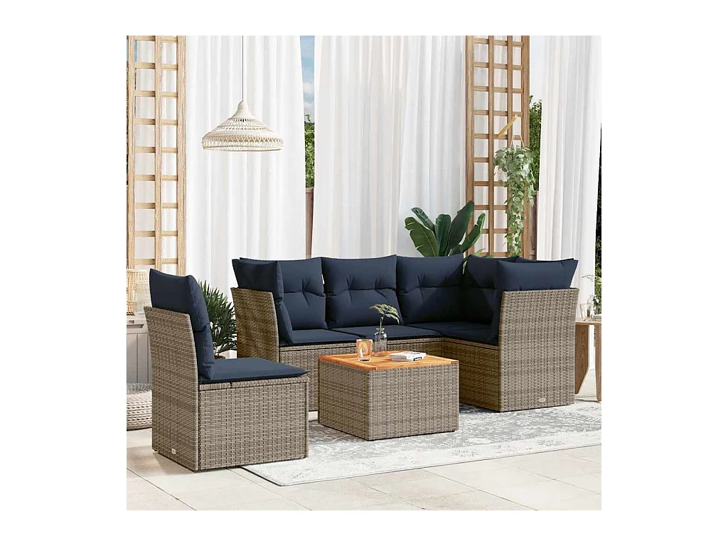 Salon de jardin 6 pcs avec coussins gris résine tressée