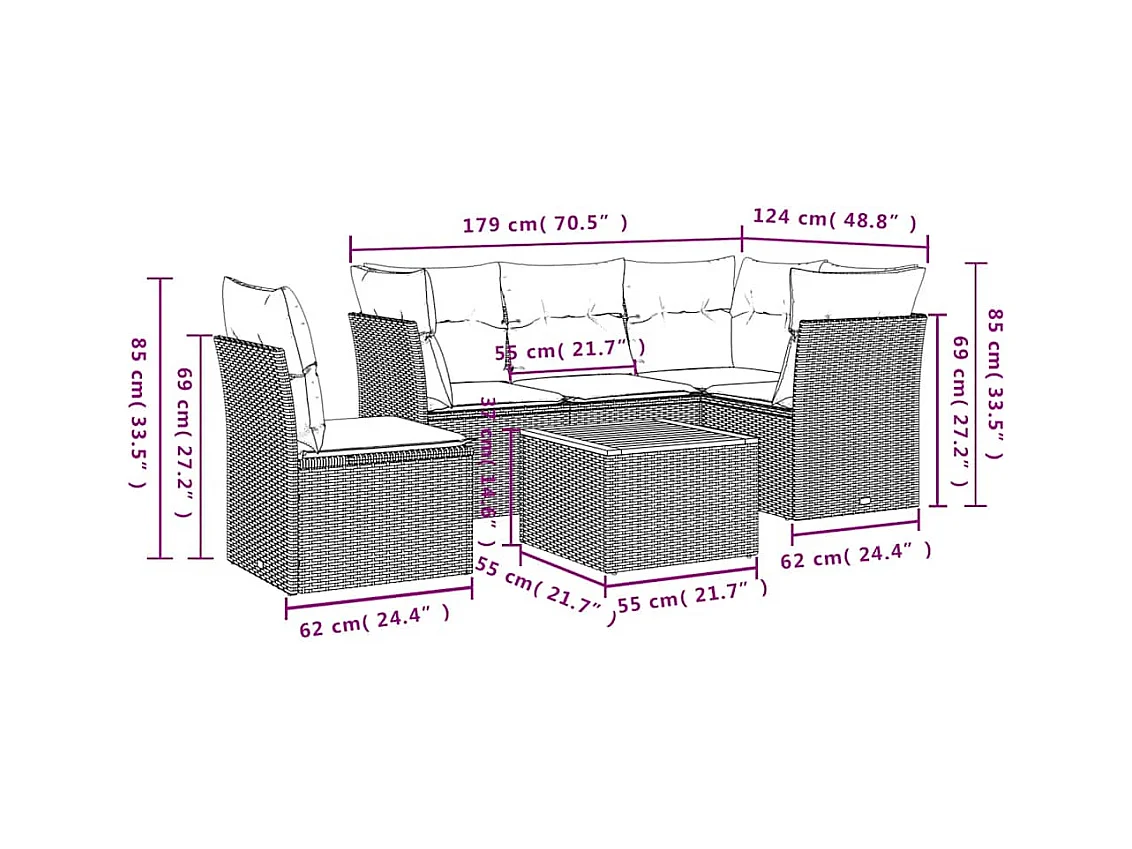 Salon de jardin 6 pcs avec coussins gris résine tressée