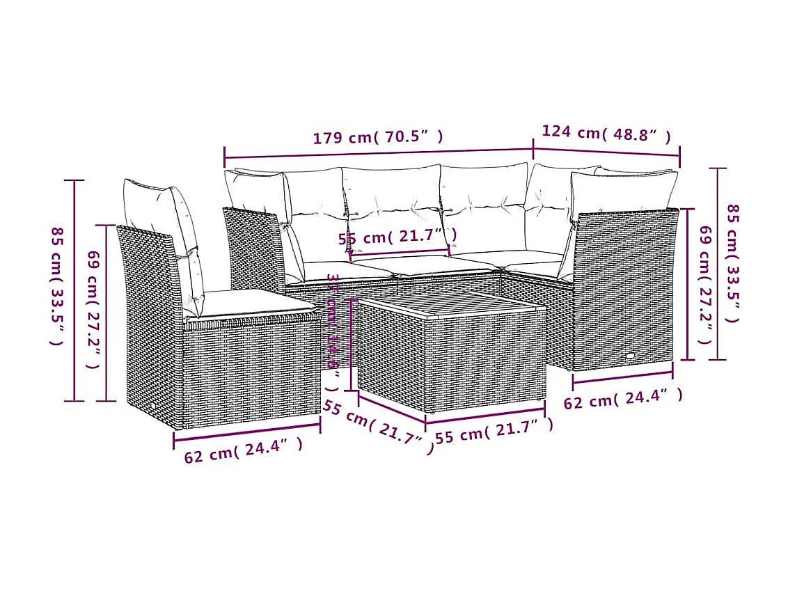 Salon de jardin 6 pcs avec coussins gris résine tressée