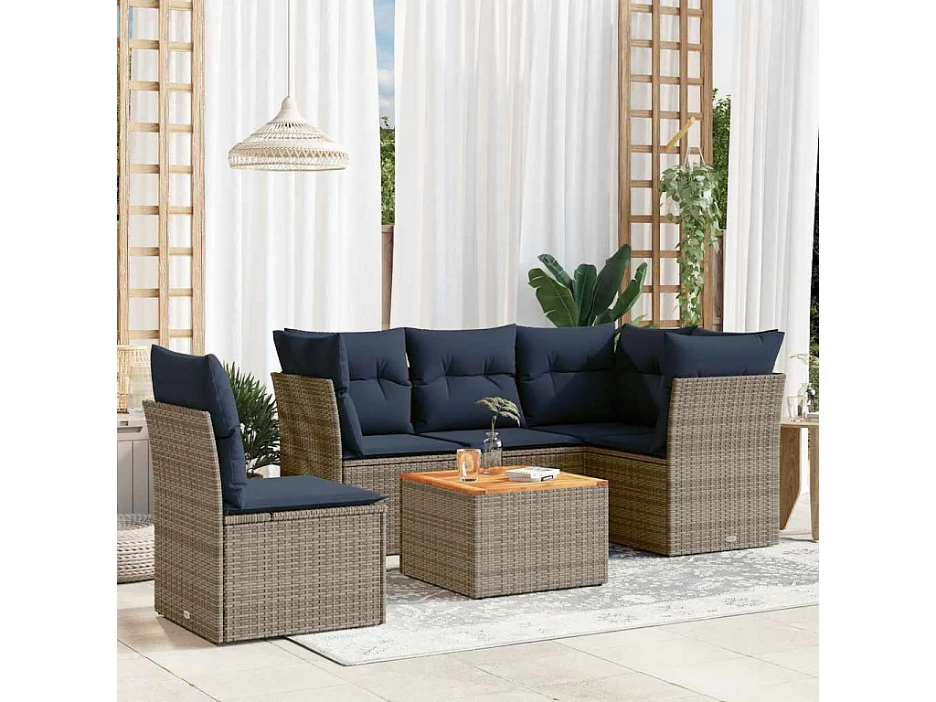 6 pcs conjunto sofás p/ jardim c/ almofadões vime PE cinzento