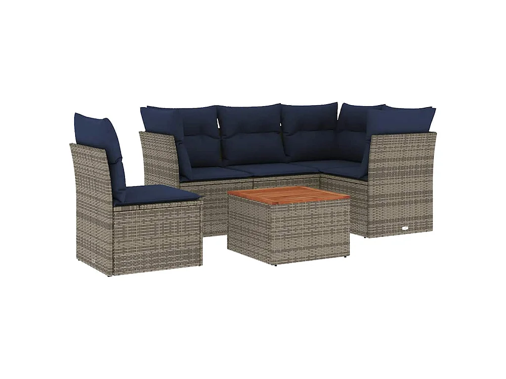 6 pcs conjunto sofás p/ jardim c/ almofadões vime PE cinzento