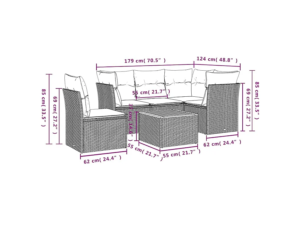 Salon de jardin 6 pcs avec coussins gris résine tressée