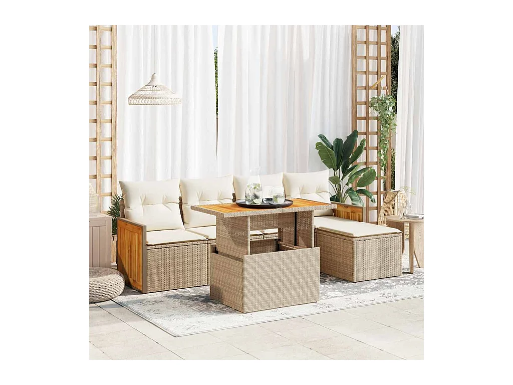 6-delige Loungeset met kussens poly rattan acacia beige