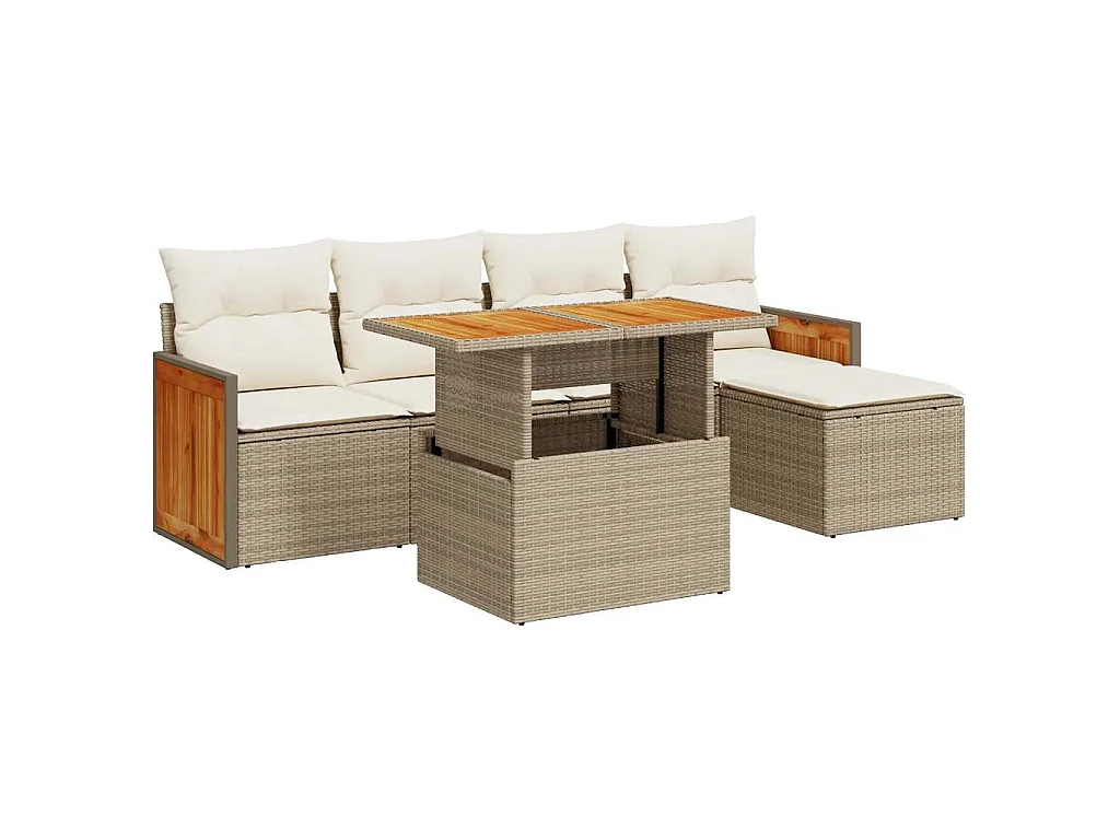 Set Divano da Giardino 6 pz con Cuscini Beige Polyrattan Acacia