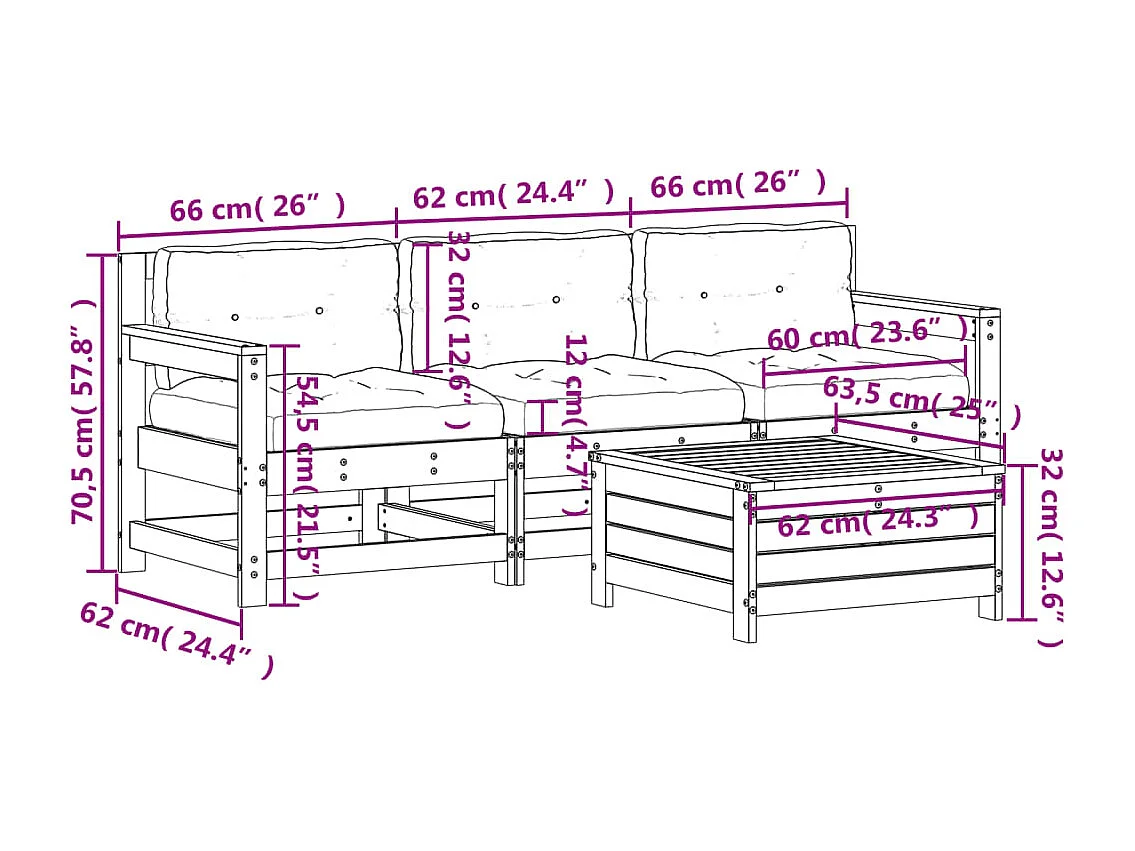 4 pcs conjunto lounge de jardim c/ almofadões pinho impregnado