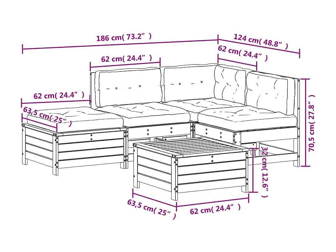 Salon de jardin 5 pcs avec coussins bois massif douglas