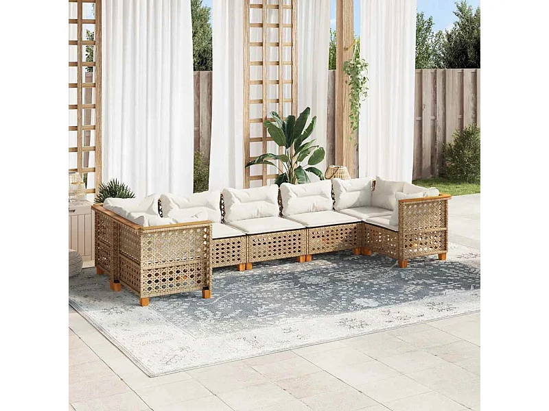 Set Divani da Giardino 7 pz con Cuscini Beige in Polyrattan