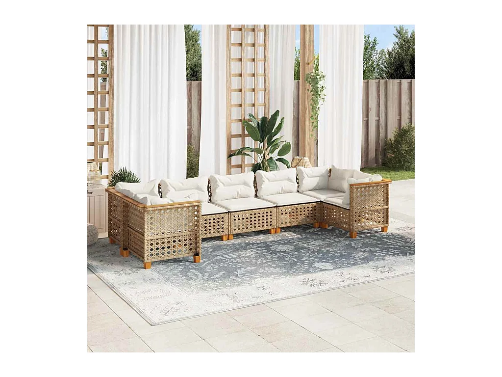 7-tlg. Garten-Sofagarnitur mit Kissen Beige Poly Rattan