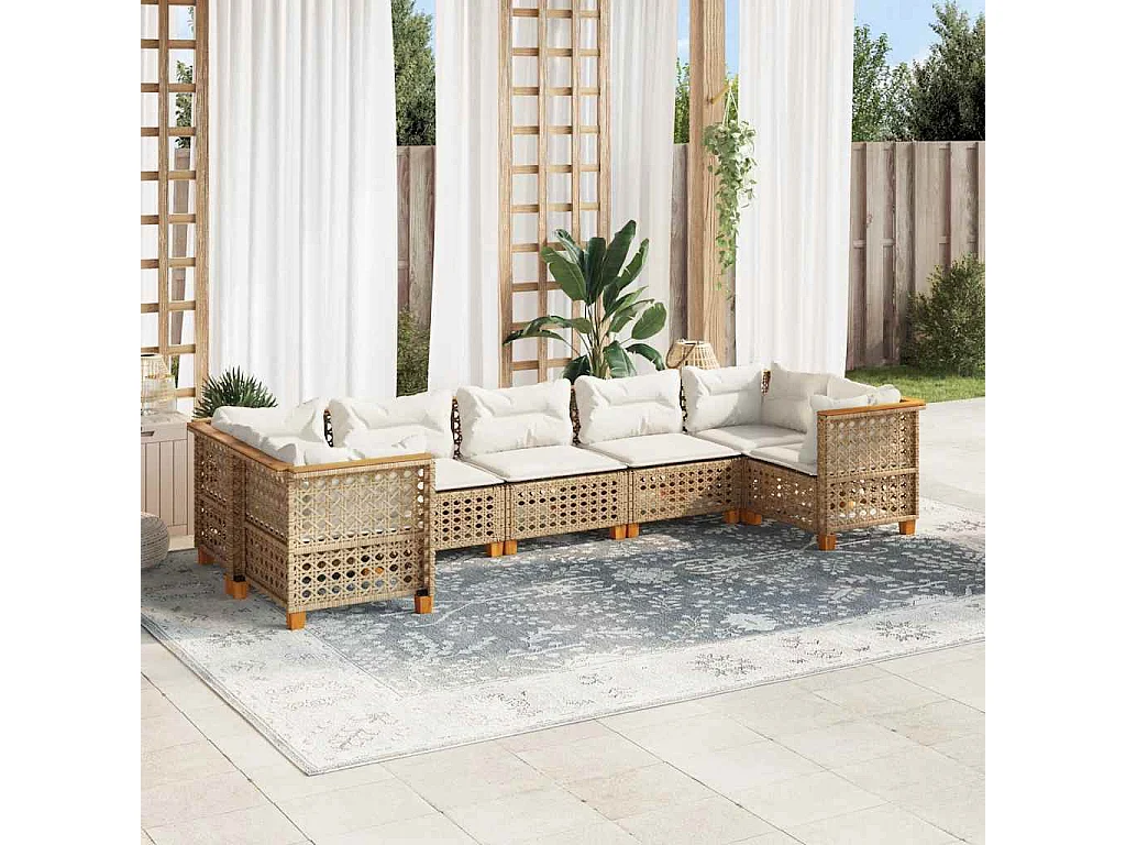 7-delige Loungeset met kussens poly rattan beige