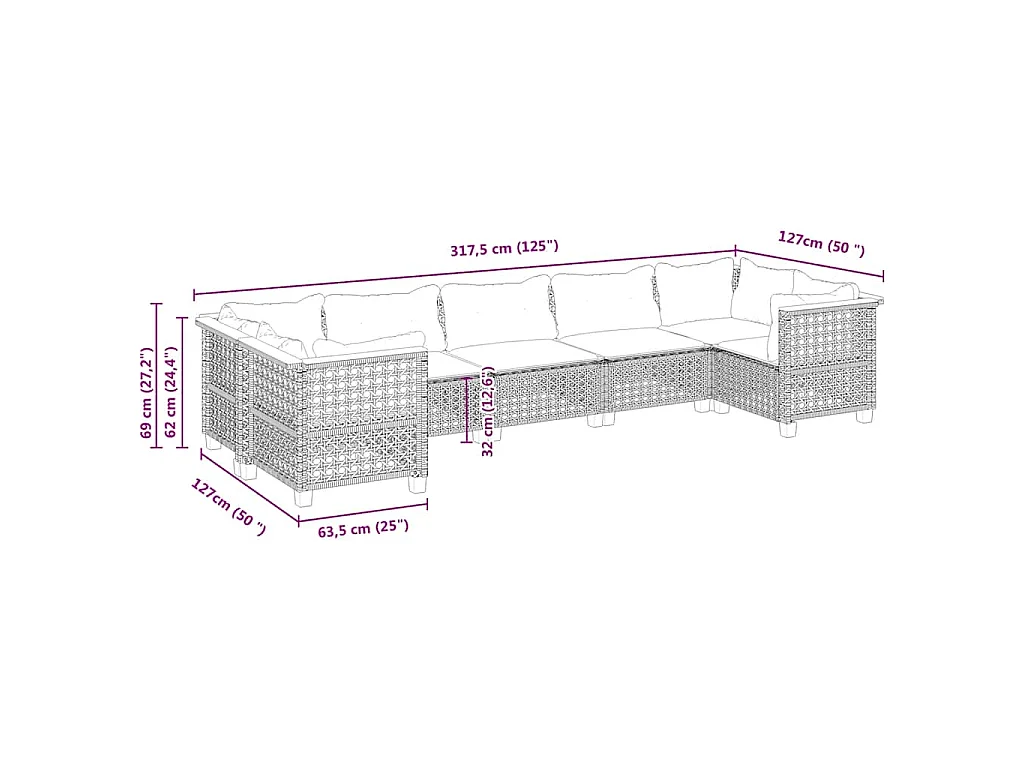 7-delige Loungeset met kussens poly rattan beige