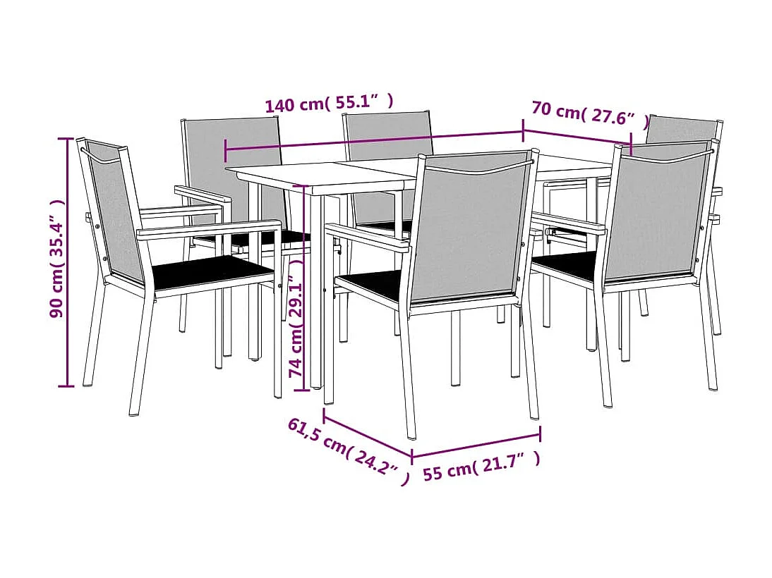 7-tlg. Garten-Essgruppe Schwarz Textilene und Stahl