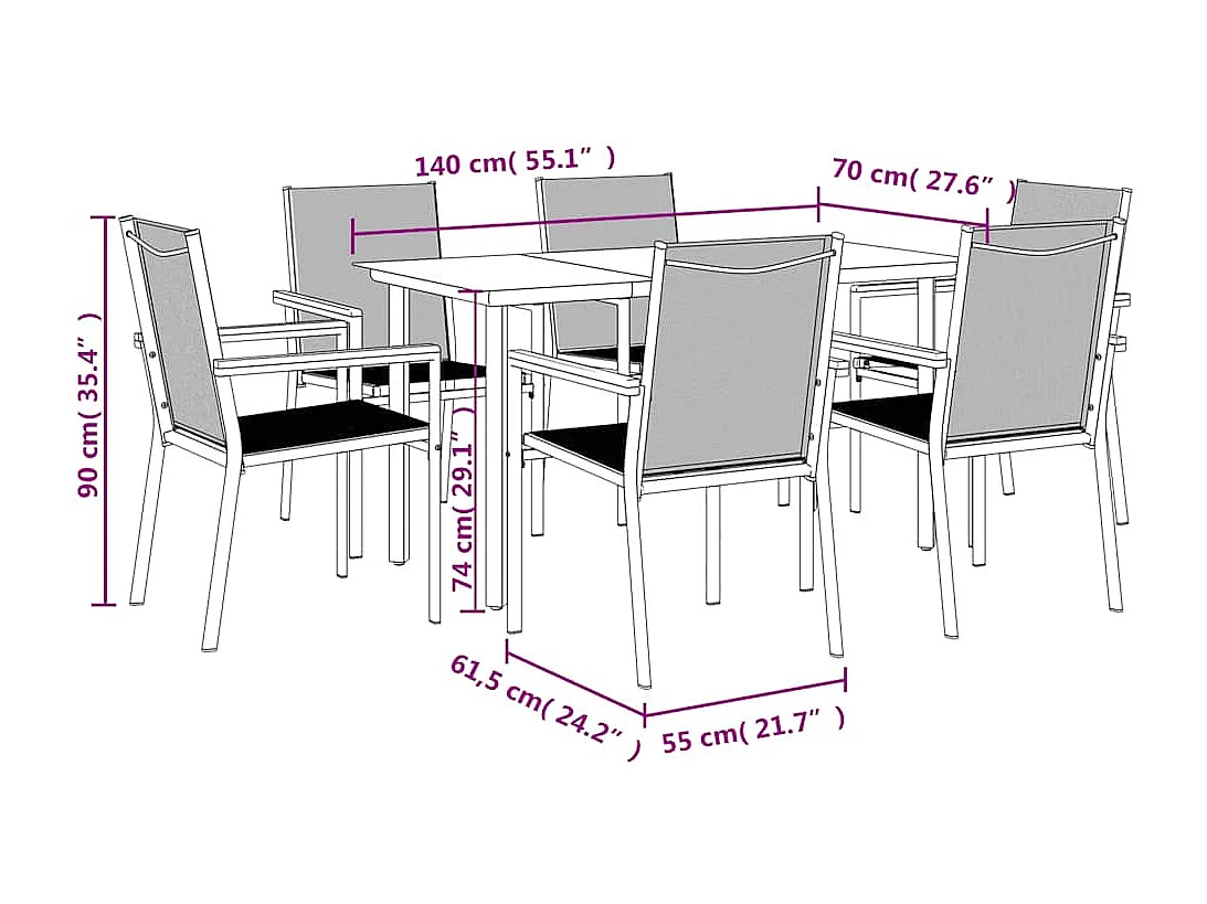 7-tlg. Garten-Essgruppe Schwarz Textilene und Stahl
