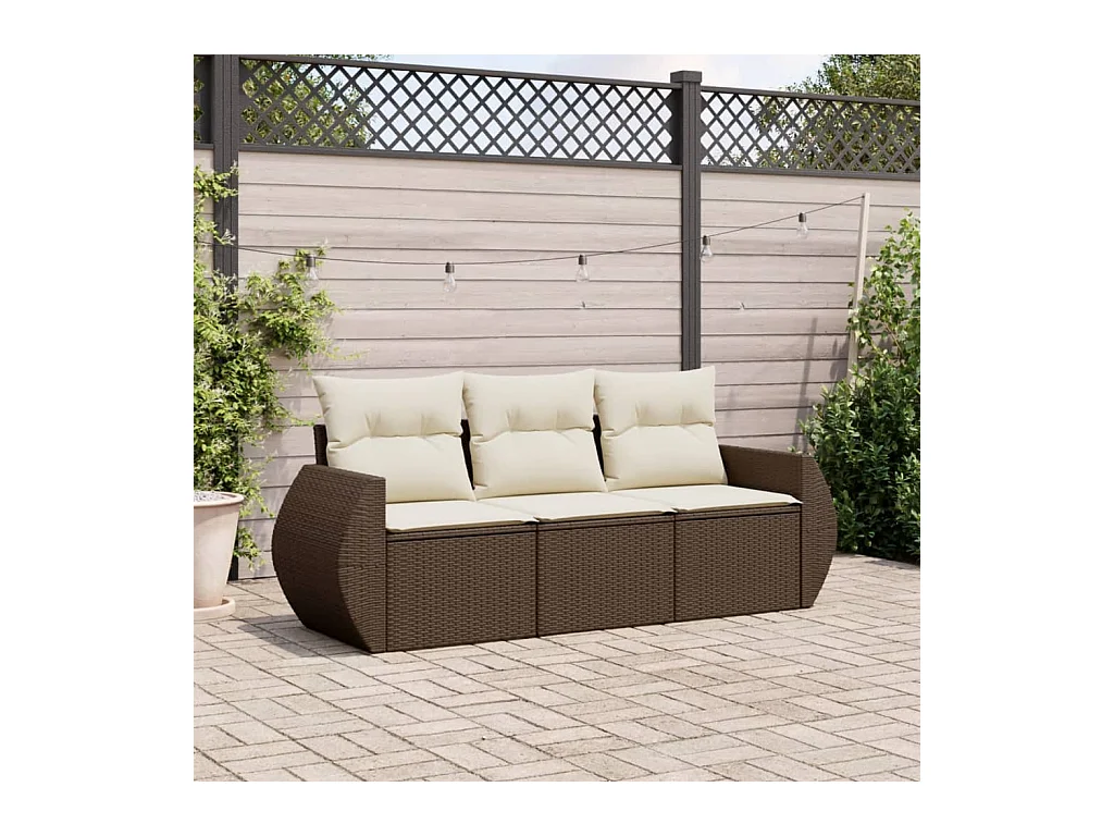 Set sofás de jardín 3 piezas y cojines ratán sintético marrón