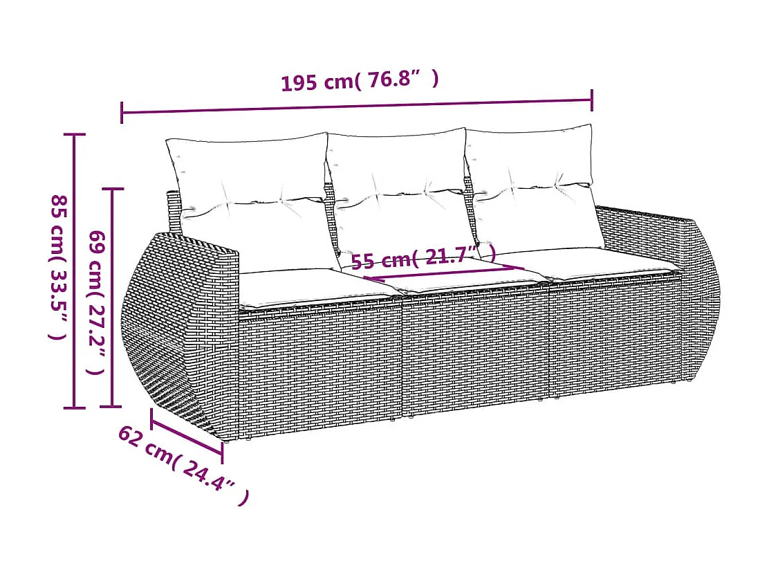 Set sofás de jardín 3 piezas y cojines ratán sintético marrón