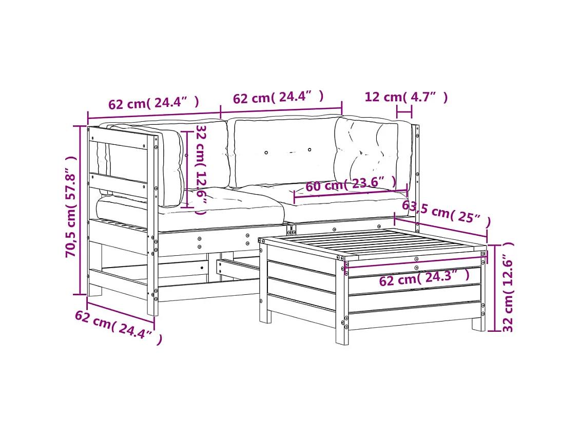 3-tlg. Garten-Lounge-Set mit Kissen Massivholz Douglasie
