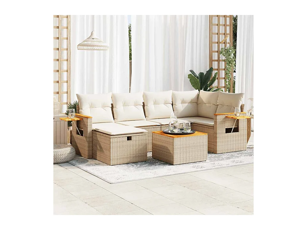 Set sofás de jardín 7 piezas y cojines ratán sintético beige