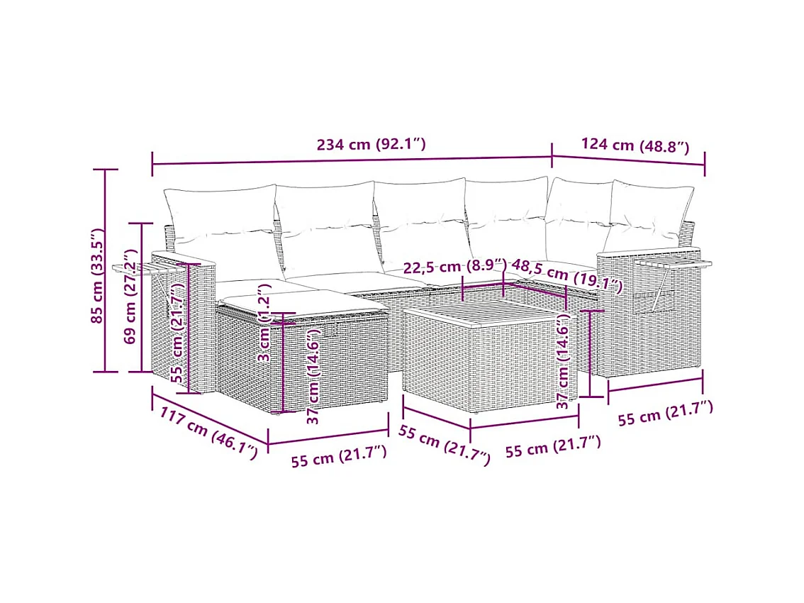 Set sofás de jardín 7 piezas y cojines ratán sintético beige