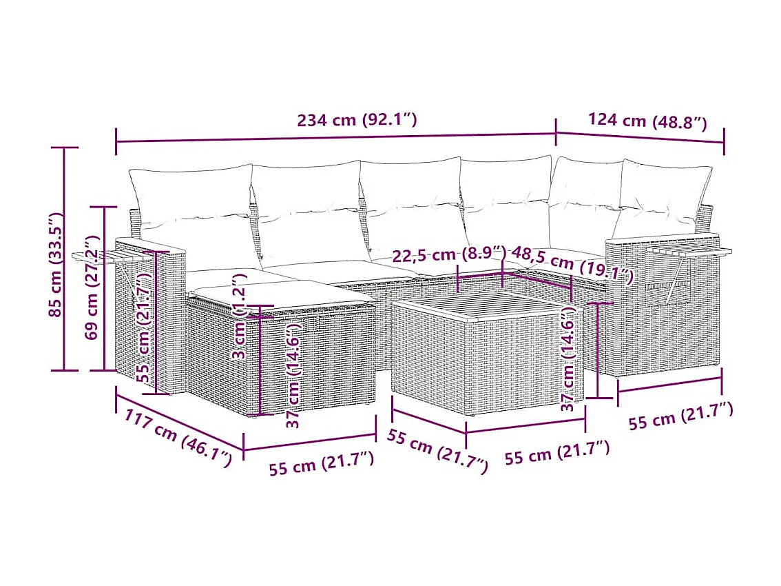 Set sofás de jardín 7 piezas y cojines ratán sintético beige