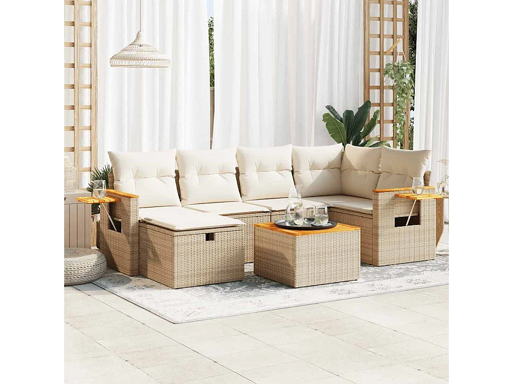 Set Divani da Giardino 7 pz con Cuscini Beige in Polyrattan