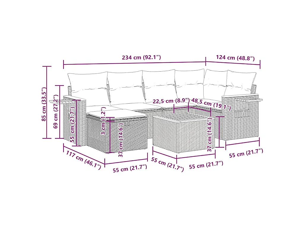 Set Divani da Giardino 7 pz con Cuscini Beige in Polyrattan